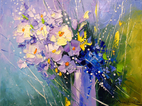 A bouquet of morning flowers in a glass von Olha Darchuk, Malerei kaufen auf Singulart