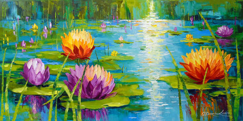 Blooming Lilies: Serenity on Water de Olha Darchuk, Pintura a la venta en Singulart