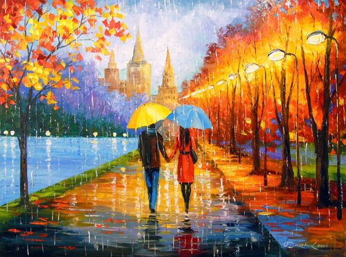 Romantic walk in the rain de Olha Darchuk, Pintura a la venta en Singulart