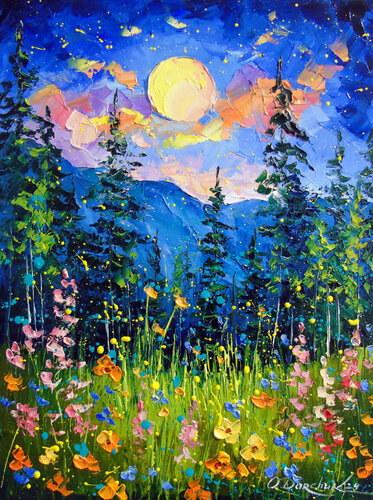 Moonlit Night by the Mountains van Olha Darchuk, Schilderij te koop op Singulart