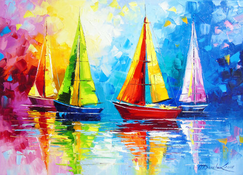 Sailboats in the rainbow dawn von Olha Darchuk, Malerei kaufen auf Singulart