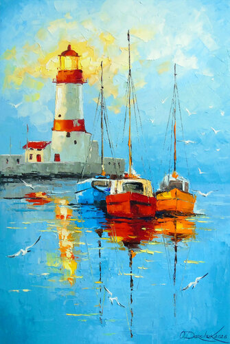 A Quiet Harbor by the Lighthouse de Olha Darchuk, Pintura a la venta en Singulart