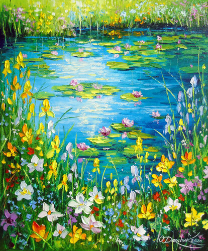 Pond by the Blooming Bank van Olha Darchuk, Schilderij te koop op Singulart