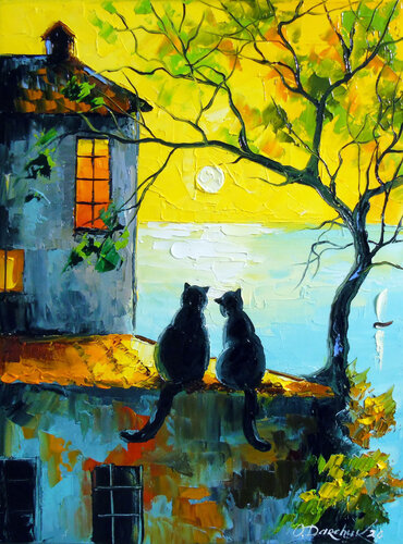 Cats Watching the Sunset Together von Olha Darchuk, Malerei kaufen auf Singulart