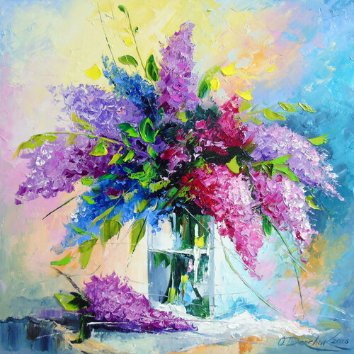 A bouquet of lilacs in a glass par Olha Darchuk, Peinture en vente sur Singulart