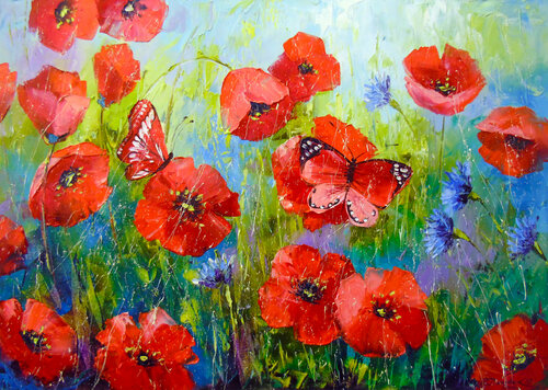Poppies and butterflies di Olha Darchuk, Pittura in vendita su Singulart