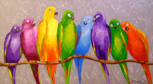 Parrots friends di Olha Darchuk, Pittura in vendita su Singulart