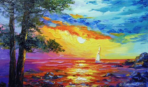 Sailboat at sunset di Olha Darchuk, Pittura in vendita su Singulart