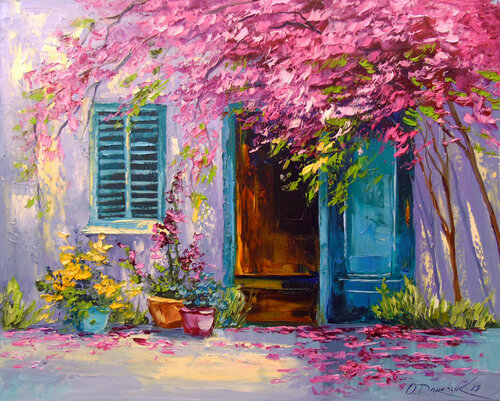 Blooming courtyard di Olha Darchuk, Pittura in vendita su Singulart