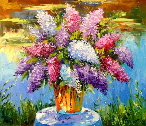 Bouquet of lilac by the pond van Olha Darchuk, Schilderij te koop op Singulart