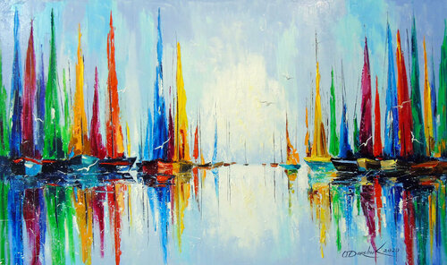 Bright sails at the pier di Olha Darchuk, Pittura in vendita su Singulart