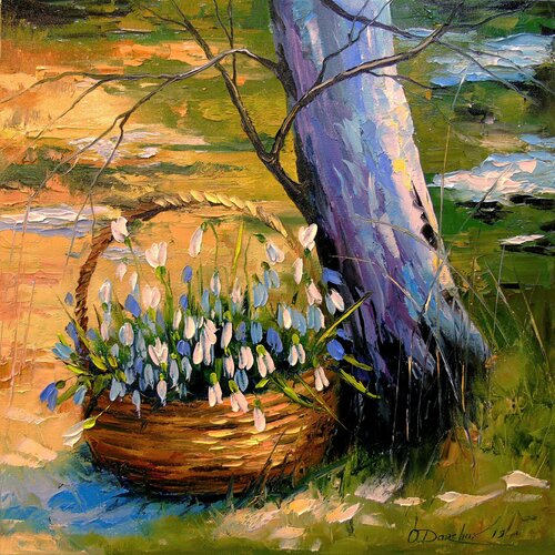 Basket with snowdrops de Olha Darchuk, Pintura a la venta en Singulart