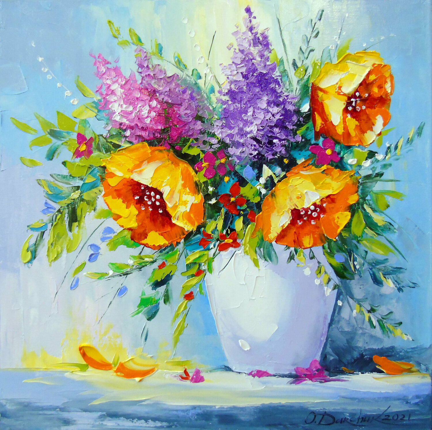 Bouquet of yellow flowers in a vase Olha Darchuk Peinture originale à vendre