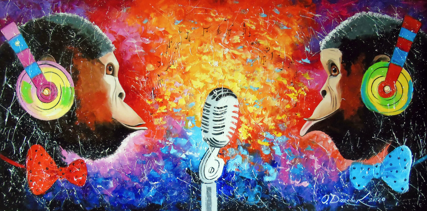 Song of music lovers monkeys Olha Darchuk Peinture originale à vendre