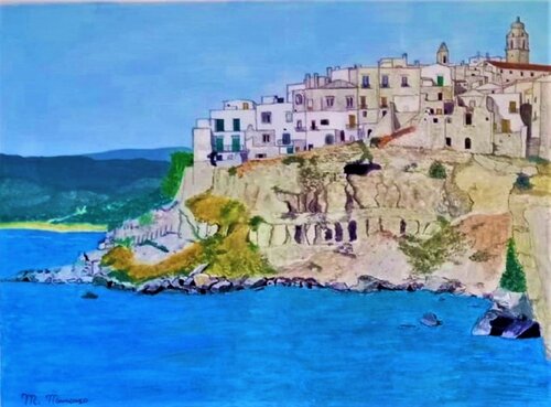 Veduta di Vieste (1989) - tempera su cartoncino rigido - 40 x 30 van Massimo Mancuso, Schilderij te koop op Singulart