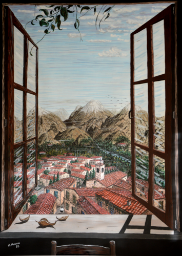 Vista dalla finestra, le montagne (1992) - tempera su cartoncino - cm 80 x 100 by Massimo Mancuso, Work on Paper for Sale on Singulart