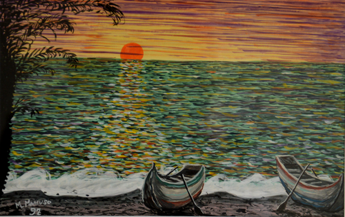 Spiaggia all'alba (1992) - tempera su cartoncino - cm 35 x 25 van Massimo Mancuso, Schilderij te koop op Singulart