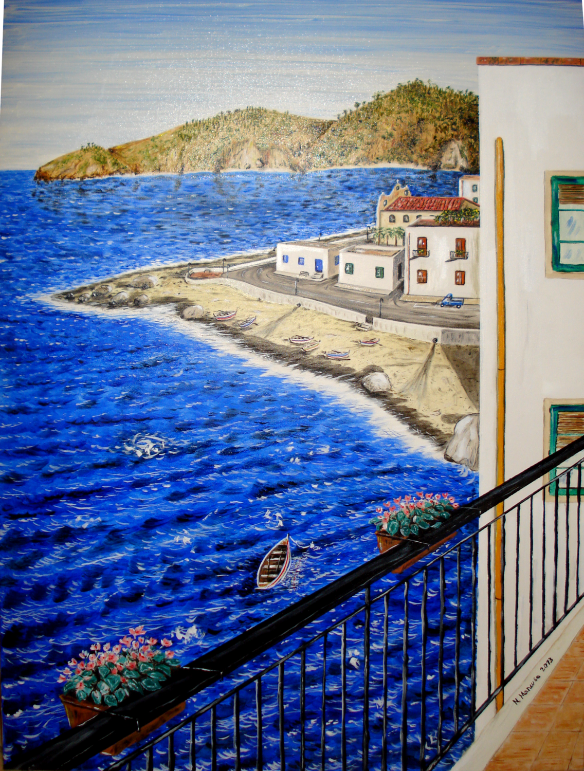 Vista dal balcone sulla spiaggia (2013) - olio su tela - cm 50 x 70 di  Massimo Mancuso (2013): Pittura a Olio su Tela - Singulart, image size:1136x1500