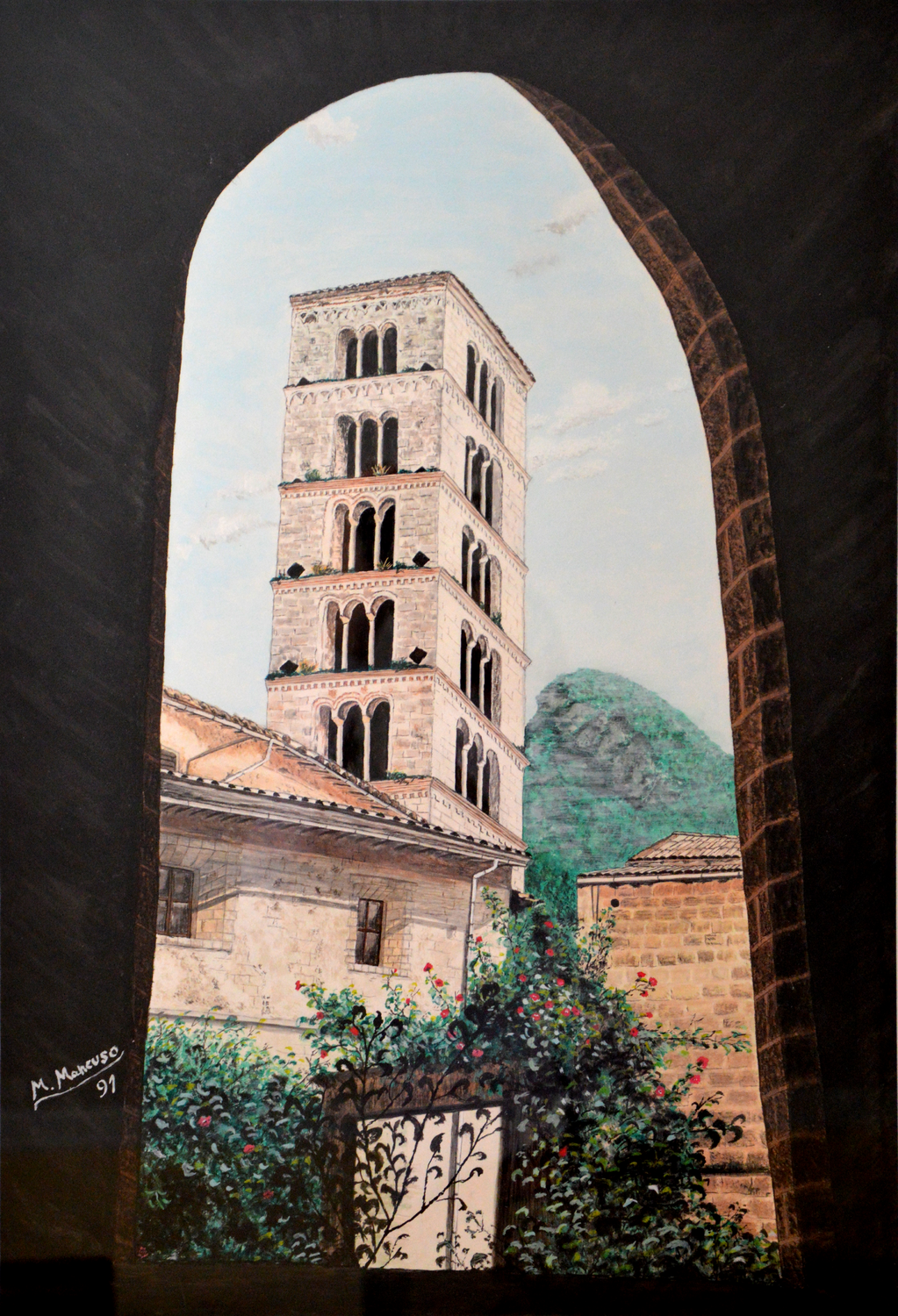 Monastero di santa scolastica (1991) - tempera su cartoncino - cm 50 x 70 Massimo Mancuso Originalgemälde zu verkaufen