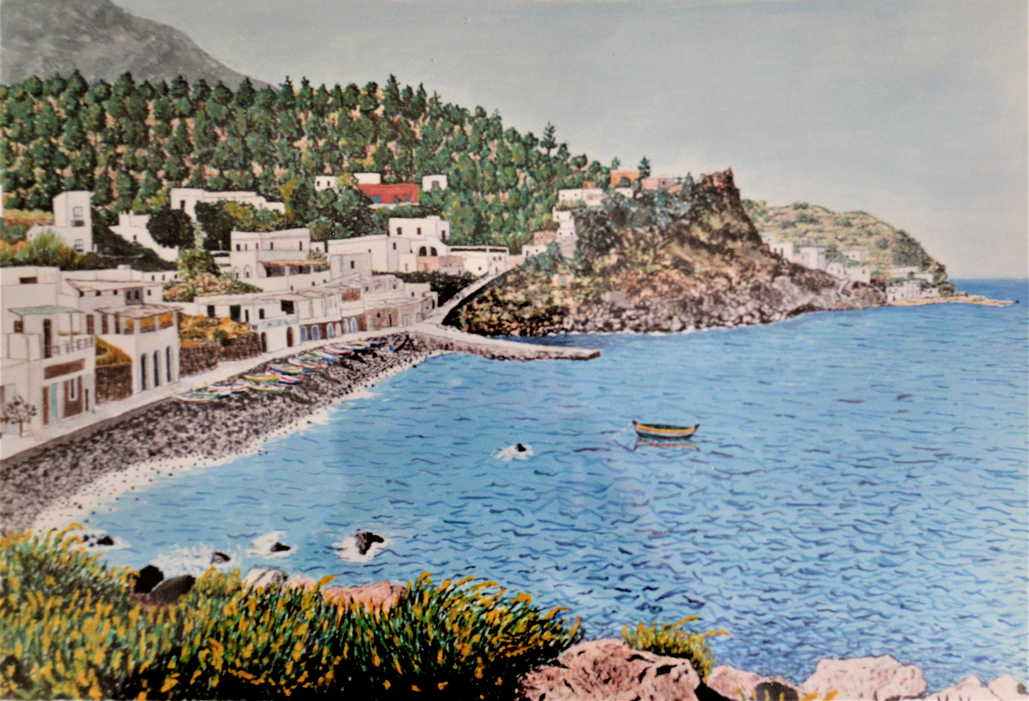 Panorama di panarea (1990) - tempera su cartoncino - 55 x 40 Massimo Mancuso Originalgemälde zu verkaufen