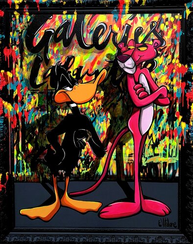 Daffy Duck et la Panthère rose devant les Galeries Lafayette by Eddy Vitalone, Painting for Sale on Singulart