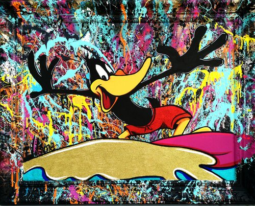 Daffy Duck adore le surf van Eddy Vitalone, Schilderij te koop op Singulart