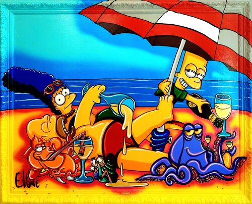 Sur la plage abandonnée, coquillages, Ruinart et crustacés van Eddy Vitalone, Schilderij te koop op Singulart