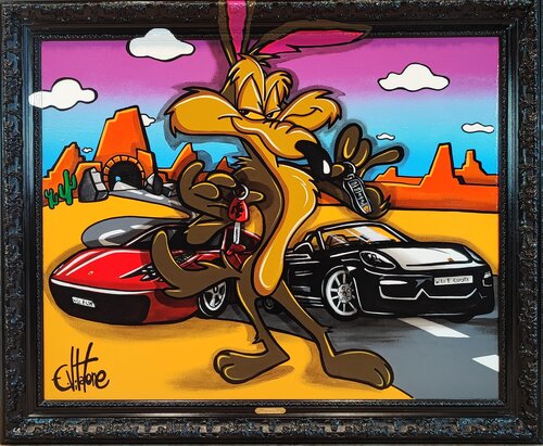 Porsche ou Ferrari pour attraper Bip Bip van Eddy Vitalone, Schilderij te koop op Singulart