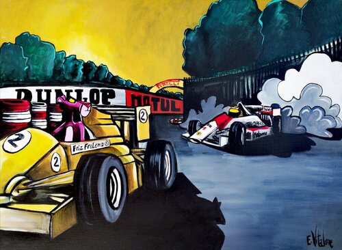 Ayrton Senna se tire la bourre avec la panthère rose van Eddy Vitalone, Schilderij te koop op Singulart