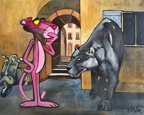 Étrange rencontre dans les rues de Bormes-les-Mimosas di Eddy Vitalone, Pittura in vendita su Singulart