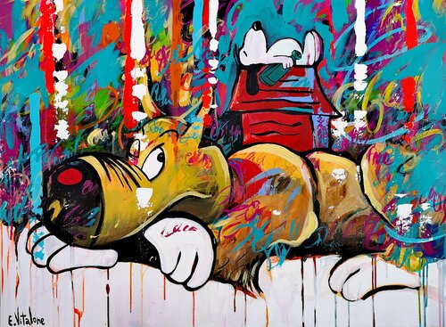 Le chien sur la cabane et la cabane sur le chien van Eddy Vitalone, Schilderij te koop op Singulart