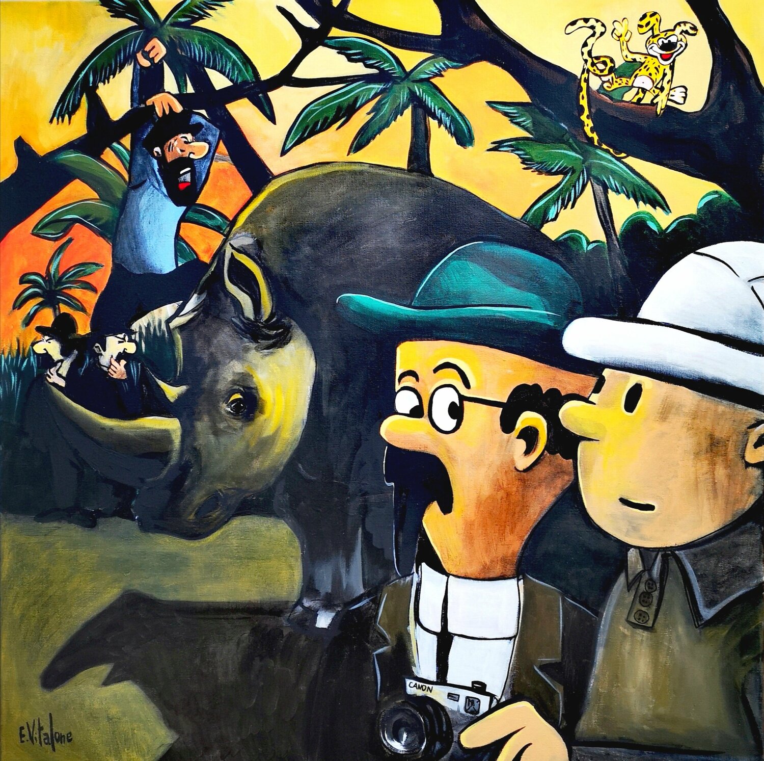 Le safari de la bande à tintin Eddy Vitalone Originalgemälde zu verkaufen