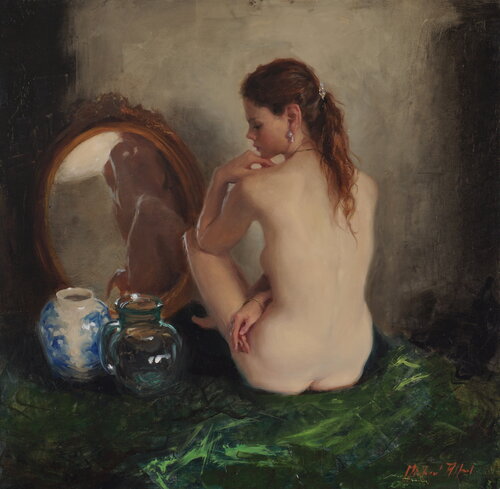Seated Nude, On Green Velvet di Michael Alford, Pittura in vendita su Singulart