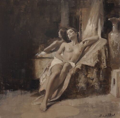 Seated Nude - Monochrome Sepia, Chinoiserie Vase & mirror di Michael Alford, Pittura in vendita su Singulart