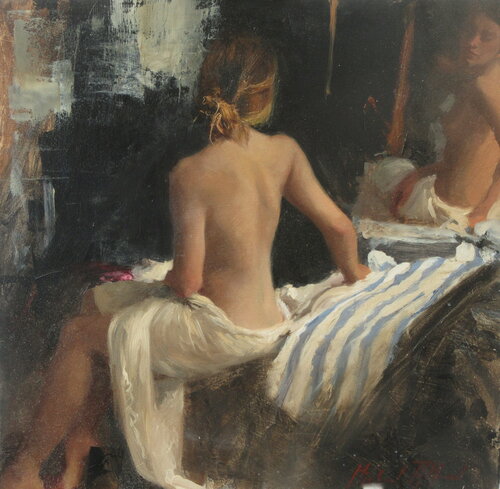 Nude , Turning Right on Striped Fabric di Michael Alford, Pittura in vendita su Singulart