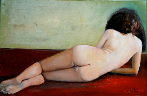 Nu sur lit rouge van Patrick Patrascu, Schilderij te koop op Singulart