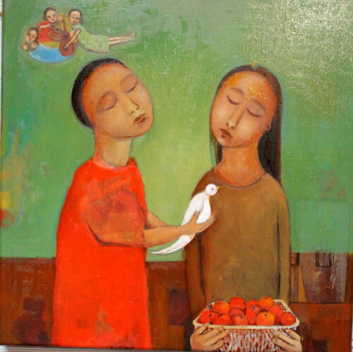 Le panier de pommes (The wicker basket of apples) van Patrick Patrascu, Schilderij te koop op Singulart