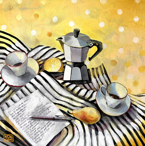 yellow still life with moka von Ada Chini, Malerei kaufen auf Singulart