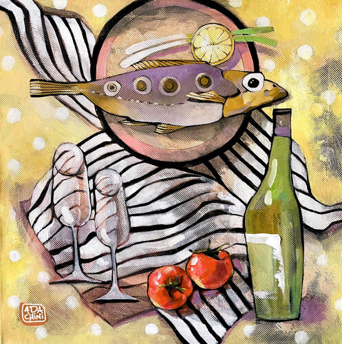 yellow still life with fish di Ada Chini, Pittura in vendita su Singulart