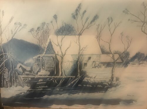 Water mill in winter di Dušan Kochan, Pittura in vendita su Singulart