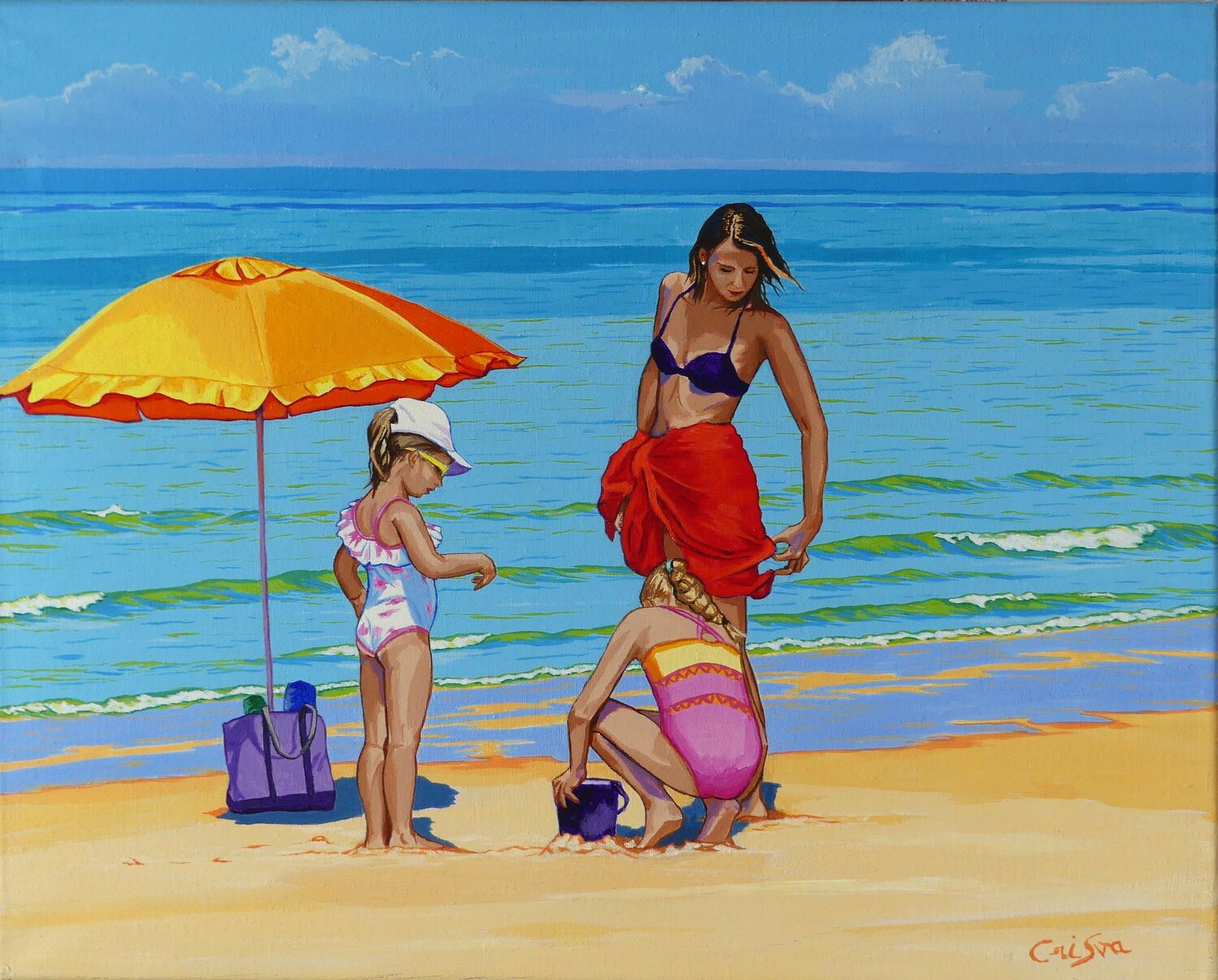 バリ絵画:beach girls Water Splashes - Woman On Beach Swimming, Painting by Daria