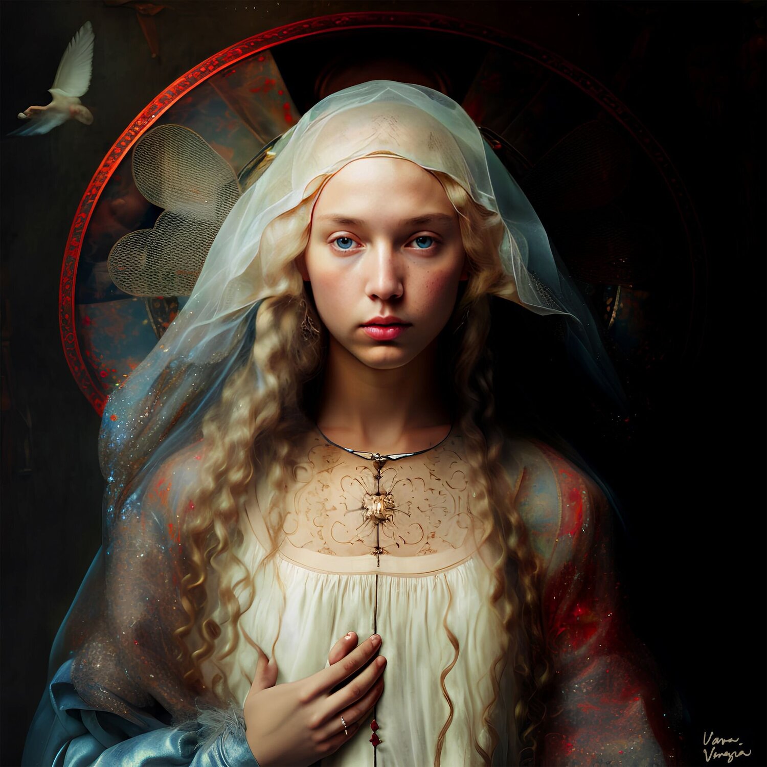 Young Virgin. Digital painting on Museum Canvas Framed in Renaissance