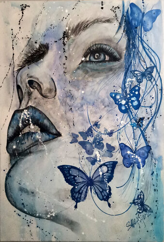 LOLA et sa mèche de Papillons bleu von Patrick Salamone, Malerei kaufen auf Singulart