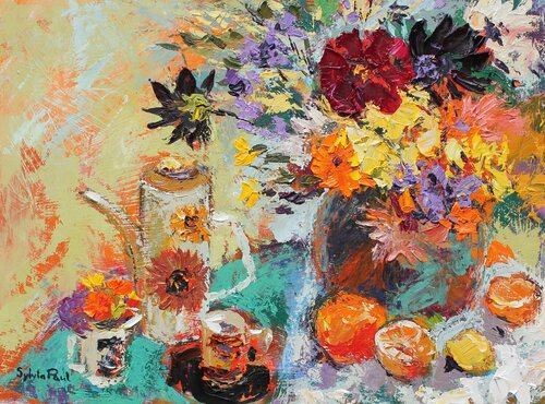 The Coffee Pot and Vibrant Flowers di Sylvia Paul, Pittura in vendita su Singulart