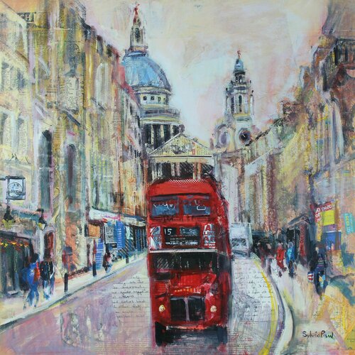 London Bus with St Paul's Cathedral di Sylvia Paul, Pittura in vendita su Singulart