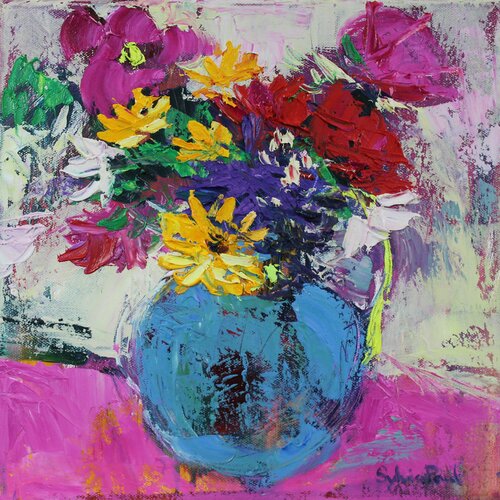 Summer Flowers in Blue Jug di Sylvia Paul, Pittura in vendita su Singulart