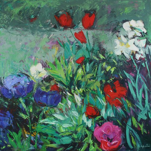 Spring Flowers in the Garden di Sylvia Paul, Pittura in vendita su Singulart