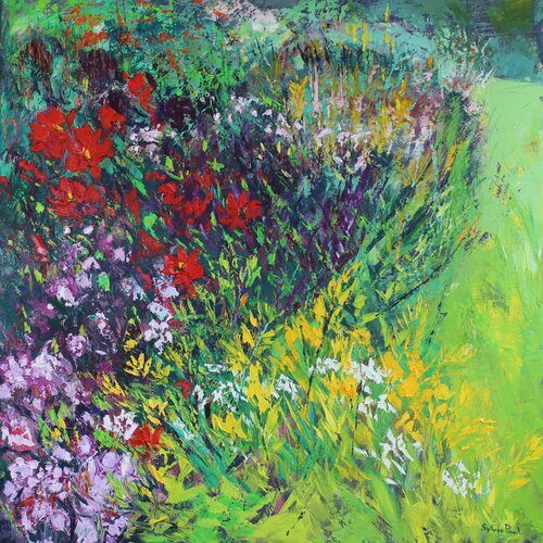 Vibrant Border with Dahlias de Sylvia Paul, Pintura a la venta en Singulart