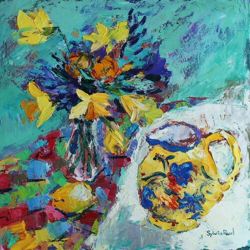 Spring Flowers with Jug di Sylvia Paul, Pittura in vendita su Singulart