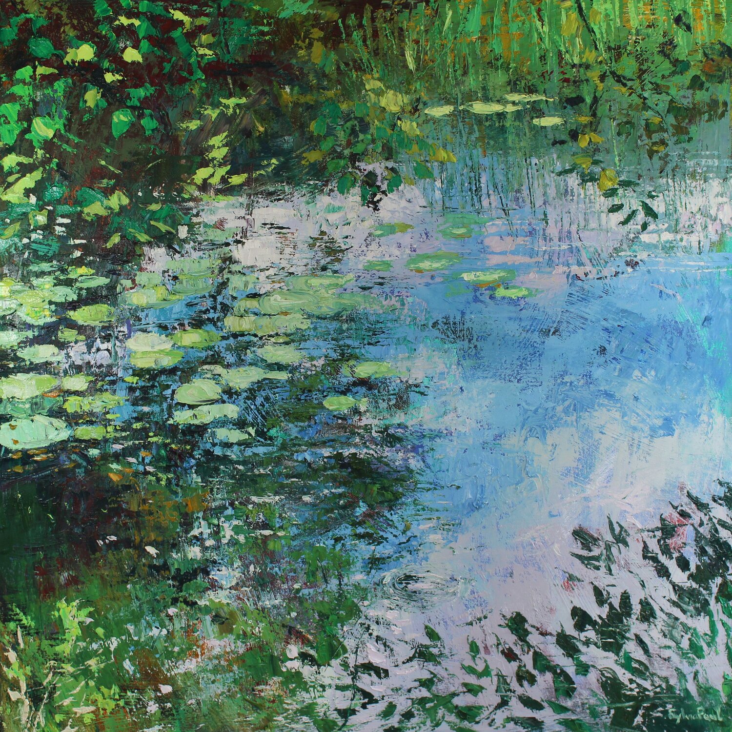 Lilies on the River Sylvia Paul Peinture originale à vendre